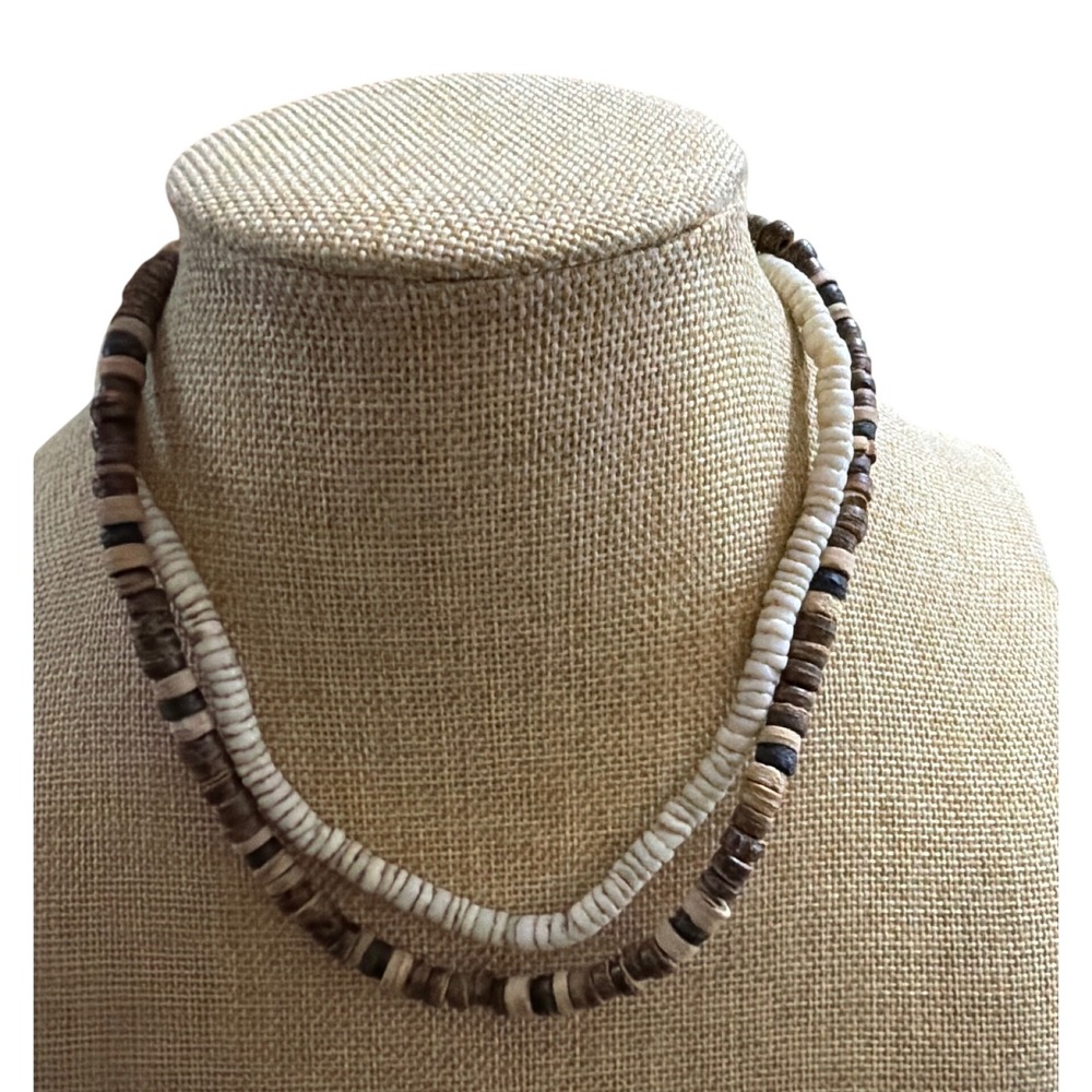 Set of 2 Puka Shell and Wood Bead Necklaces Brown White Coastal Surfer Boho Chic
